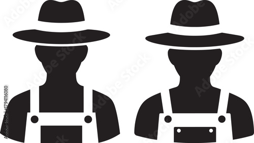 Two farmers in overalls and hats silhouette