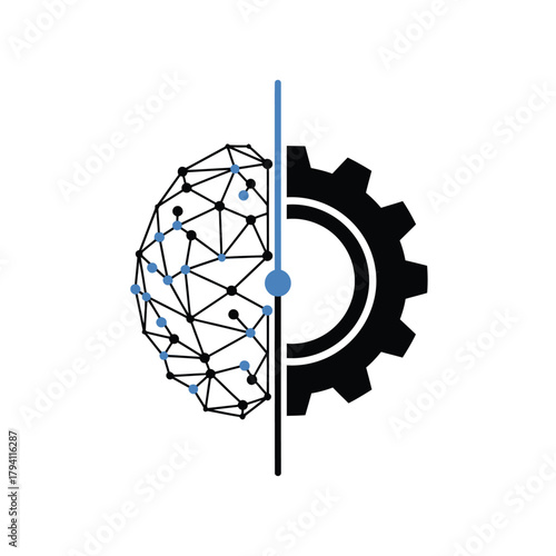 Split image showing a geometric brain network on the left and a gear on the right, symbolizing artificial intelligence and mechanics