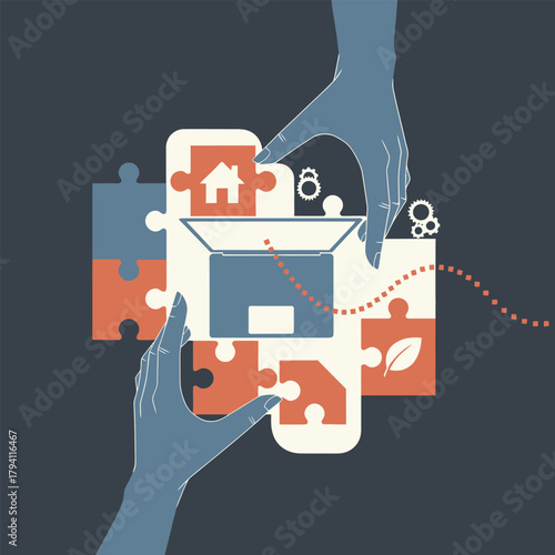 Hands assembling puzzle pieces forming a laptop and icons for home, nature, and gears, symbolizing collaborative problemsolving and integrated solutions