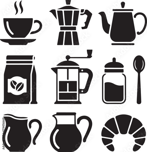 Black and White Silhouette Vector Set of 9 Coffee and Kitchen Objects Coffee Cup Teapot Coffee Grinder Bag of Coffee Beans French Press Sugar Jar Spoon Milk