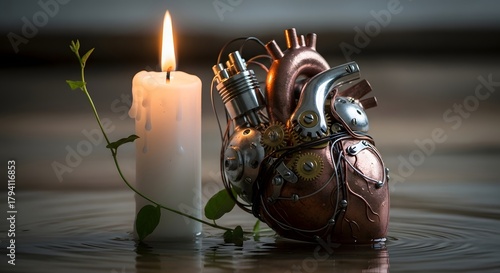A creative composition featuring a lit candle and a human heart sculpture combined with mechanical elements, symbolizing the connection between emotion and technology
