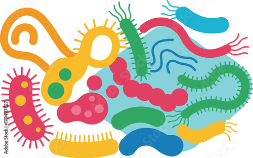 Colorful bacteria and microorganism vector illustration showing microscopic germs, microbes, and cells for medical, science, and biology education design.