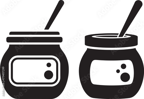 Two jars of jam with spoons silhouette