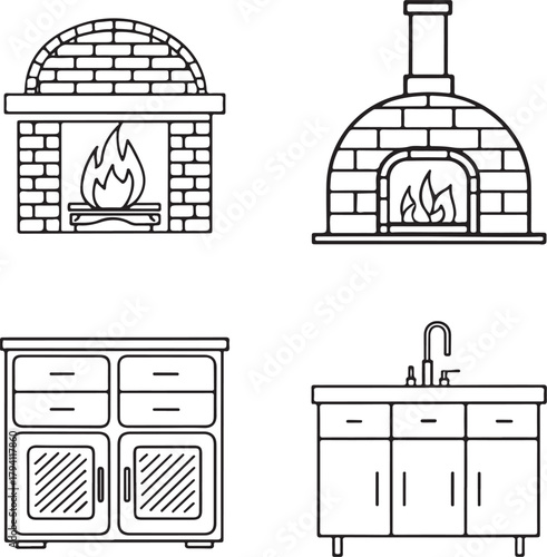 Kitchen and Fireplace Icons, Line Art Style