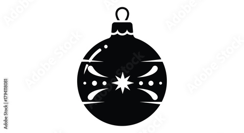 Stylized black silhouette of an oval christmas ornament with star detail and decorative bands