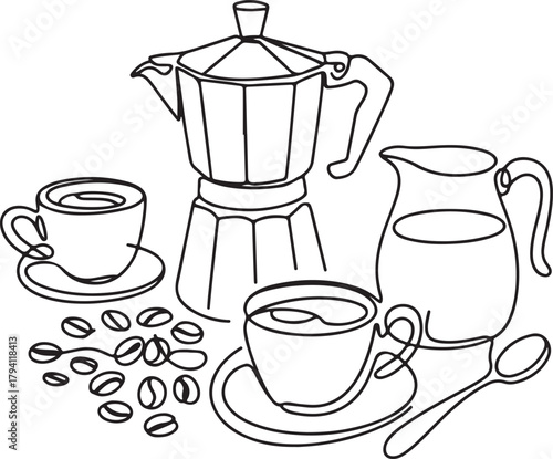Continuous Line Art Illustration of Coffee Pot Cups Beans Milk Jug and Spoon