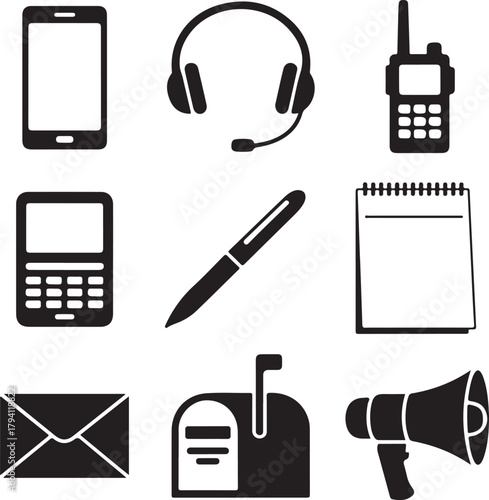 Black and White Silhouette Vector Set of 9 Communication Objects Smartphone Headset Walkie Talkie Landline Phone Notepad Pen Envelope Mailbox Megaphone