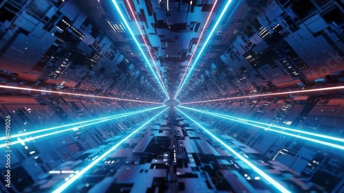 Futuristic blue tunnel with neon lights creating a sense of depth