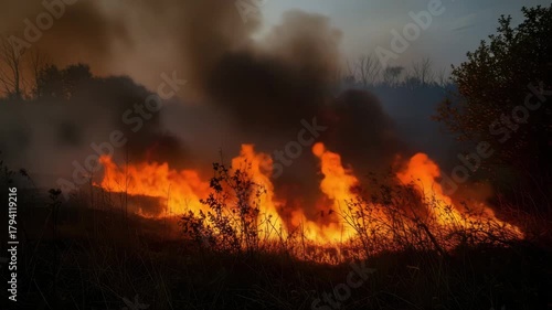Wildfire burning intensely in a field with smoke rising into the sky