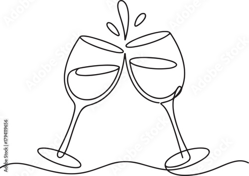 Continuous Line Art Illustration of Two Clinking Wine Glasses