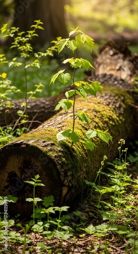 A young plant with fresh green leaves growing on a fallen moss-covered log in a lush forest setting during daytime