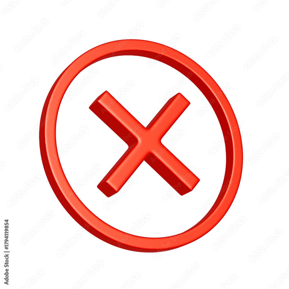 Obraz premium 斜めに傾いた赤い丸形の消去マークのアイコン。リッチな質感の3Dイラスト