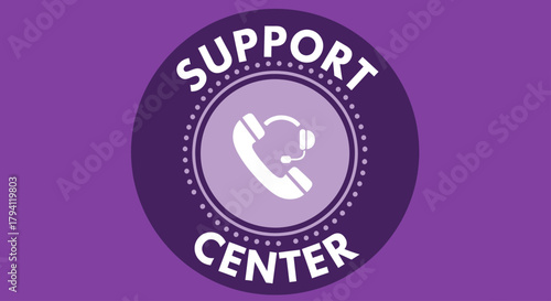 Support center icon with headset and phone on a purple background.