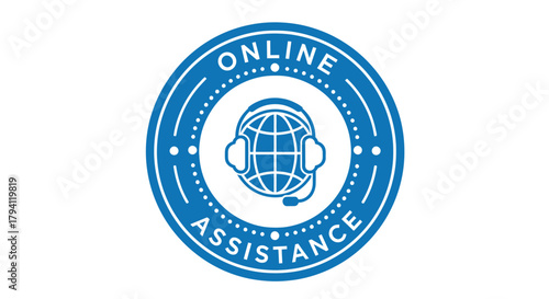 Circular blue logo with the words "ONLINE ASSISTANCE" and a globe with headphones.