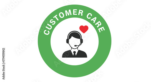 Graphic illustration of a customer service agent with a headset and a red heart, symbolizing care and support, within a green circular badge.