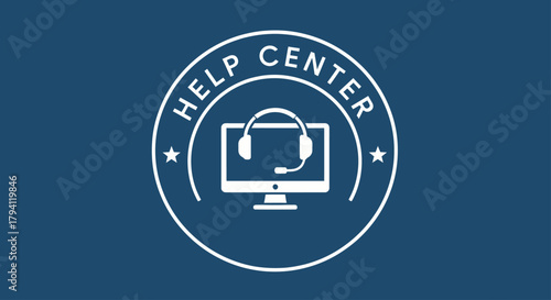 Help center logo with headset on computer screen in a circle.