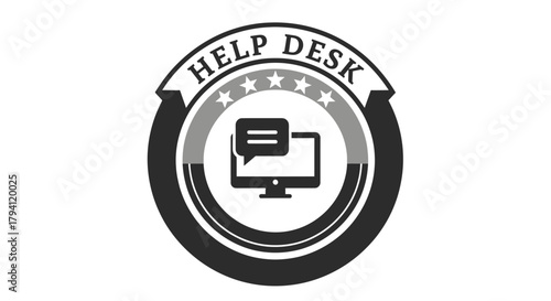 Help desk icon with computer and speech bubble.