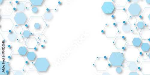 Abstract white background with blue hexagons seamless pattern and geometric in vector design. Futuristic blue neon honeycombs. Modern technology design .Minimal style website banner, decoration .