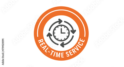 Orange circular icon for real-time service featuring a clock and rotating arrows on a white background.