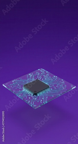 Central processing unit rests upon a translucent substrate with glowing circuitry against a solid purple background.