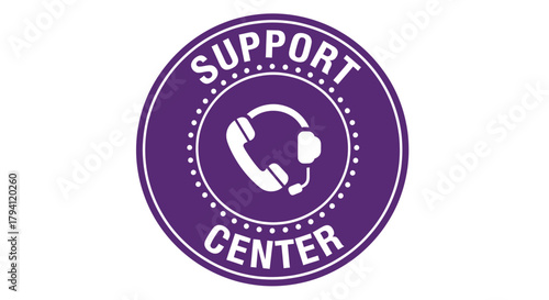 A purple circular badge with 'SUPPORT CENTER' text and a white headset icon in the middle, symbolizing customer service and assistance.