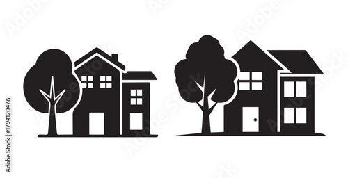 Neighborhood and Community Icon Set. Vector glyphs of suburban homes with trees for real estate and family branding.
