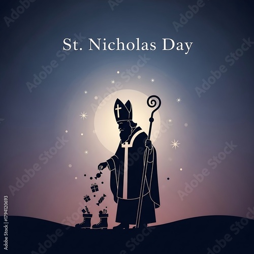 Saint nicholas silhouette distributing gifts under a starry night sky