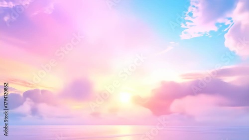 Dreamy Pastel Sky with Pink Clouds at Sunrise Over Calm Water.