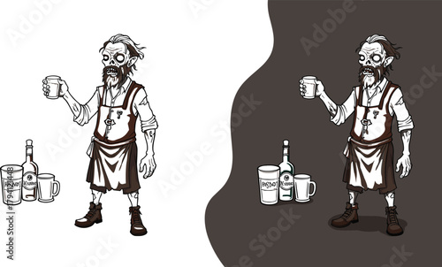 Zombie bartender, cartoon character, beer mug, bar scene, funny monster, dual background, black vector, flat design, cad drawing, illustration