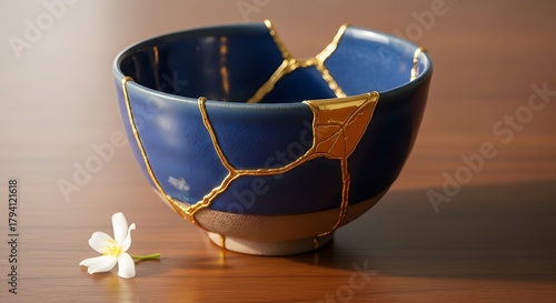 A beautifully crafted ceramic bowl with a blue and gold crackle glaze design placed on a wooden surface, accompanied by a small white flower for decoration