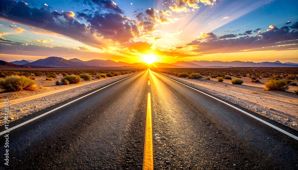 Fototapeta premium A straight, black asphalt road leads directly into a bright, golden sunset over a vast desert landscape. Mountains are in the distance