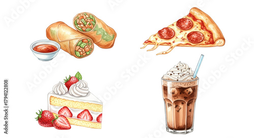 Fototapeta Naklejka Na Ścianę i Meble -  Delicious Assortment of Fast Food and Desserts Watercolor Illustration.