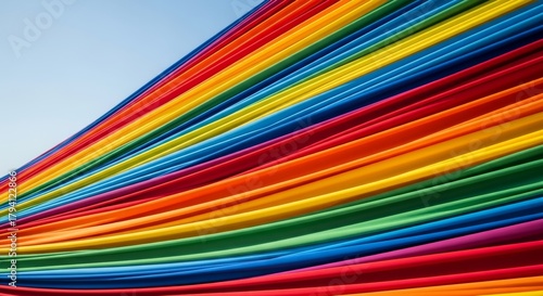 Vibrant Rainbow Fabric Waves Against Blue Sky - Abstract Colorful Textile Background