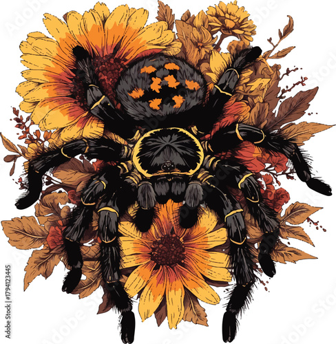 Floral Tarantula: A striking illustration of a tarantula amidst a stunning arrangement of flowers and foliage, blending the worlds of nature and art.