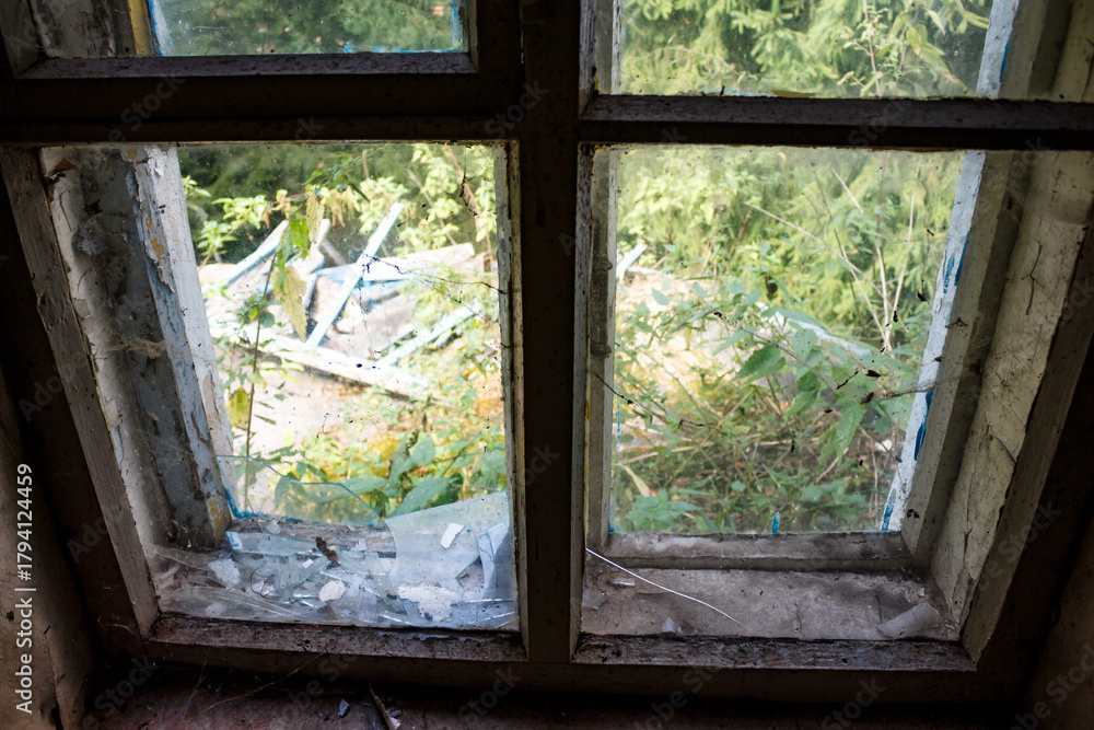 Fototapeta premium Decaying window frame with shattered glass and peeling paint, offering a gritty glimpse of lush, untamed nature reclaiming an abandoned space