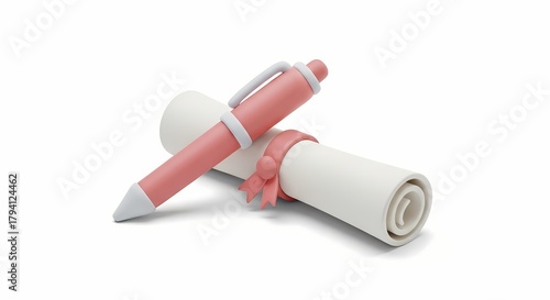 Pink pen resting on a white scroll certificate, a 3D icon representing education, law, contracts, and official documents