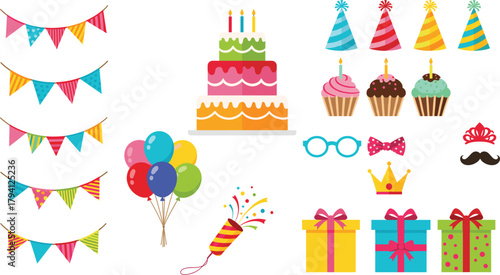 Vibrant collection of birthday celebration elements, including cakes, cupcakes, balloons, party hats, gifts, and festive bunting, perfect for invitations and decorations.