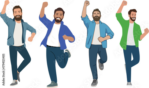 Happy cartoon man celebrating success with raised fist, joyful male character illustration showing excitement, positive emotion, achievement and motivation in modern design