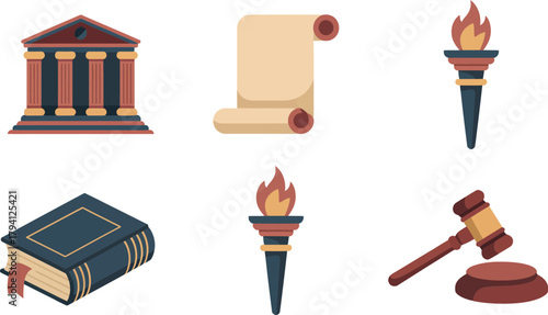 Flat vector icon set for law and justice, illustrating court building, scroll, book, scales, gavel, and torch symbols.