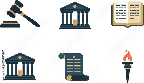 Colored outline vector icons for law and justice, showing court building, scroll, book, scales, gavel, and torch symbols.