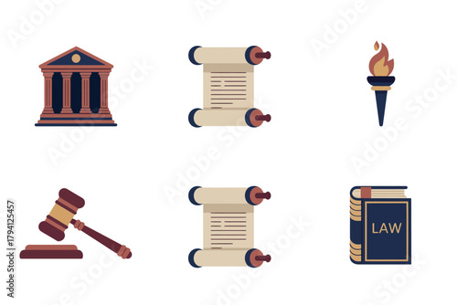 Outline vector icons for law and justice, illustrating court building, scroll, book, scales, gavel, and torch symbols.