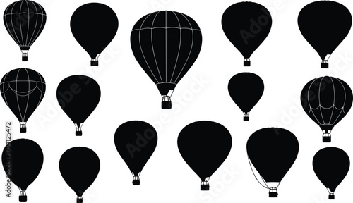 Collection of simple hot air balloon silhouettes set isolated on white background, minimalist travel adventure flight vector design illustration
