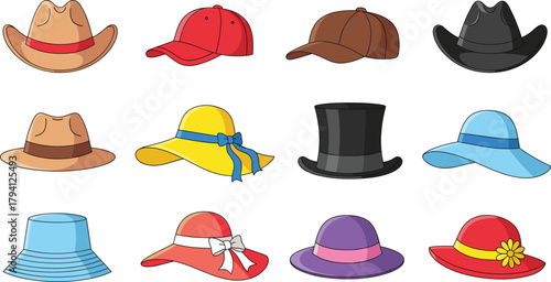 Diverse Vector Collection of Fashionable Hats, Including Cowboy, Baseball Cap, Sun Hats, Top Hat, and Bucket Hat, Representing Various Styles and Occasions