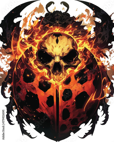 Eternal Inferno: A fiery illustration of a skull engulfed in flames, set against a dark emblem, radiating an aura of raw power and everlasting intensity.