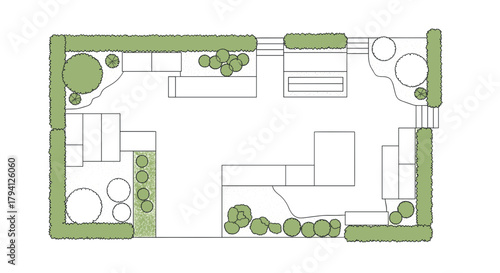 A minimalist top-down architectural plan illustrating a rectangular garden or outdoor space layout with hedges, trees, and various structural elements.