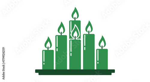 A tall arrangement of five green candles burning brightly with flickering flames against a white background