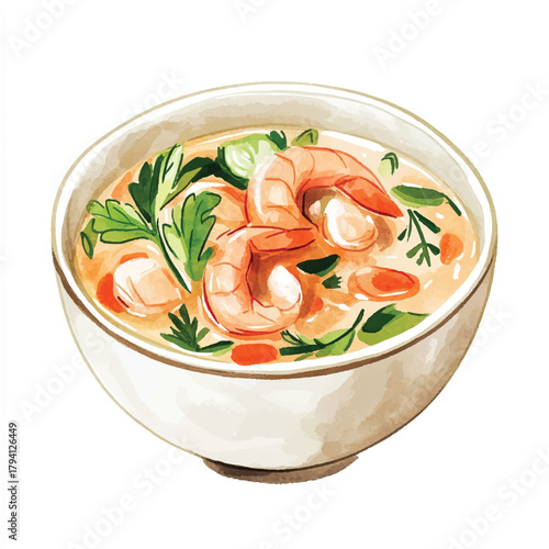 Hand drawn watercolor illustration of a bowl of shrimp soup.