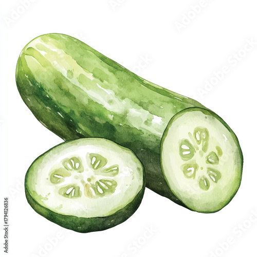 Fresh Green Cucumber and Slices Isolated on White Background.