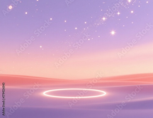 owing White Circle Portal on Soft Pink and Purple Fantasy Landscape with Stars 