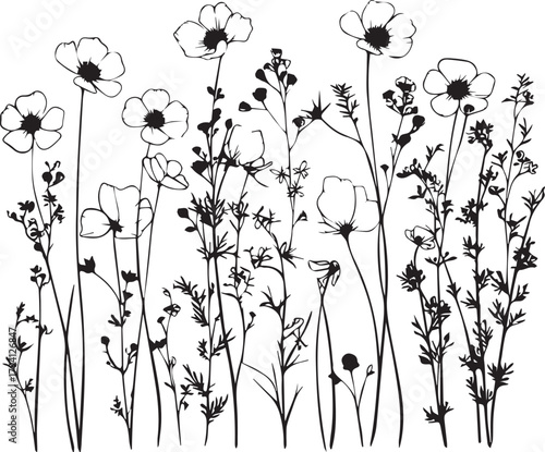 Floral Elegance: Capturing the exquisite beauty of delicate flower, stems and leaves. Featuring detailed line art, it’s ideal for adding a touch of botanical charm to any project. 